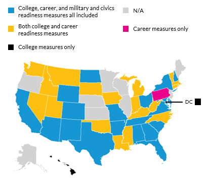Map of the U.S. showing Which States Measure College, Career, or Military and Civics Readiness in Their CCR Indicators