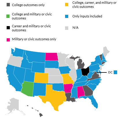 Map of the US showing Which States Include Student Postsecondary Outcome Measures in Their CCR Indicators